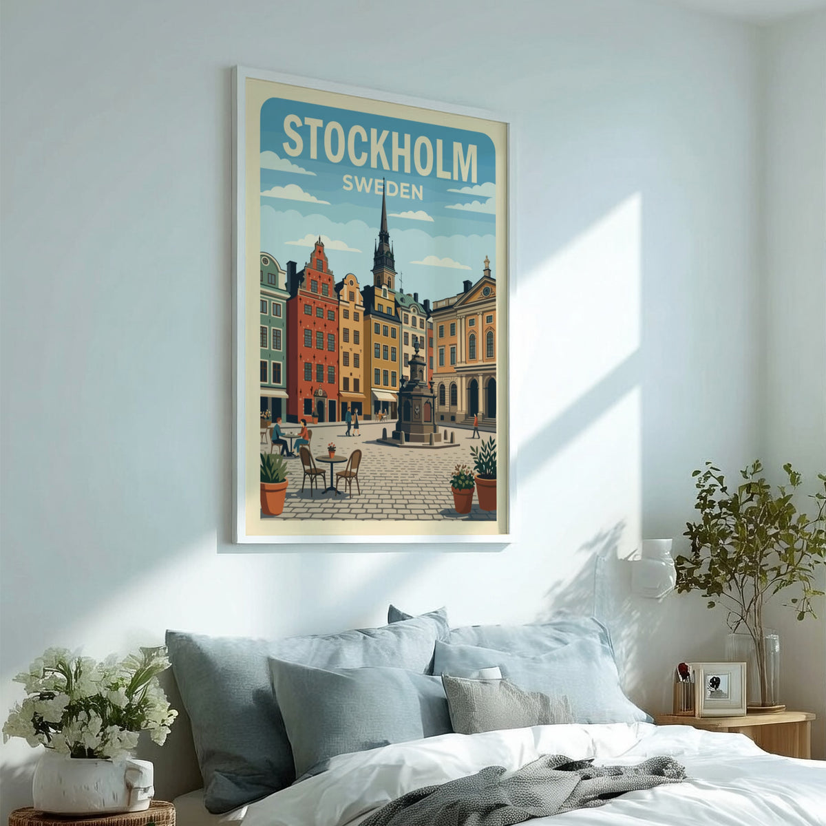 Stockholm Sweden travel poster featuring colourful old town buildings and a stone fountain.