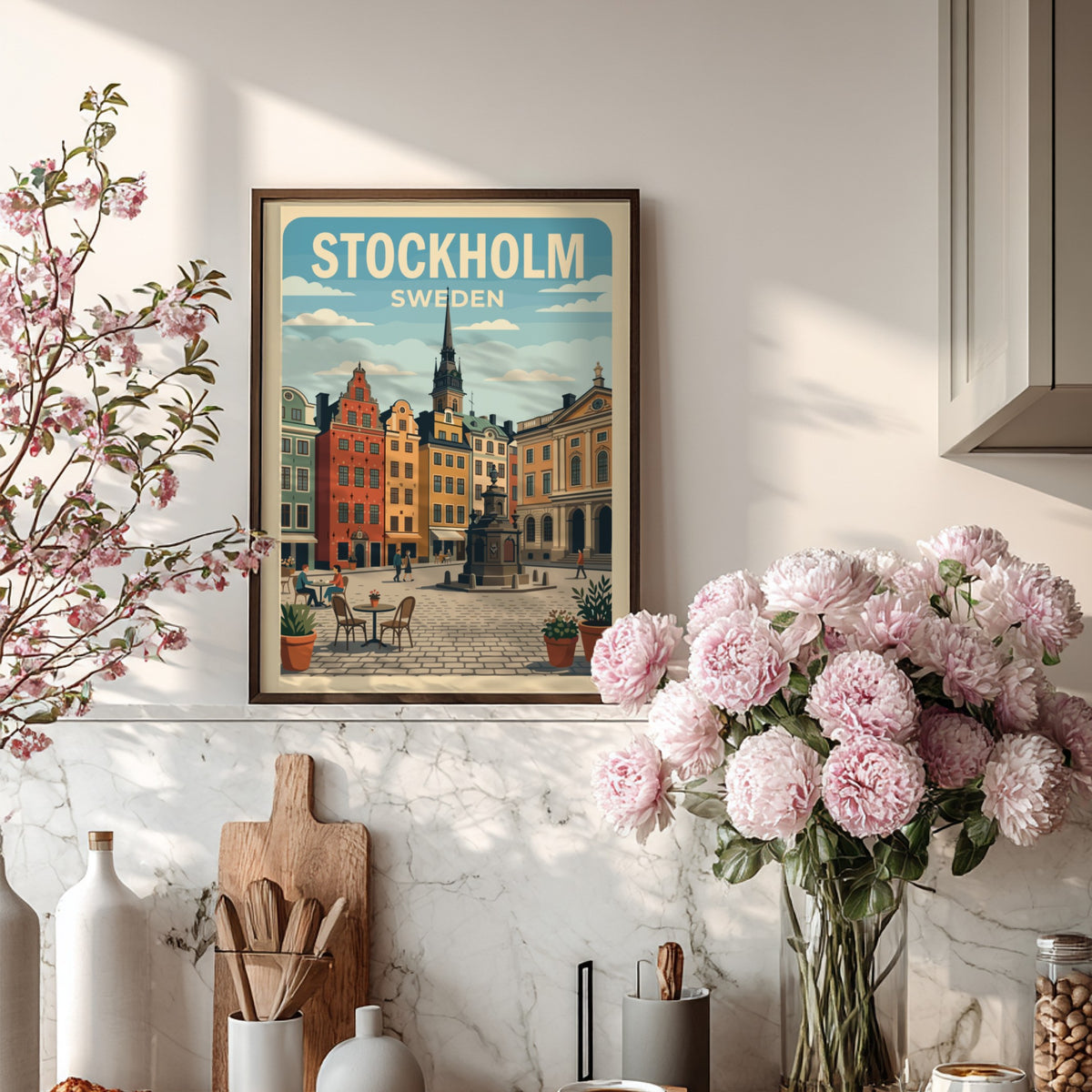 Stockholm Sweden travel poster featuring colourful old town buildings and a stone fountain.