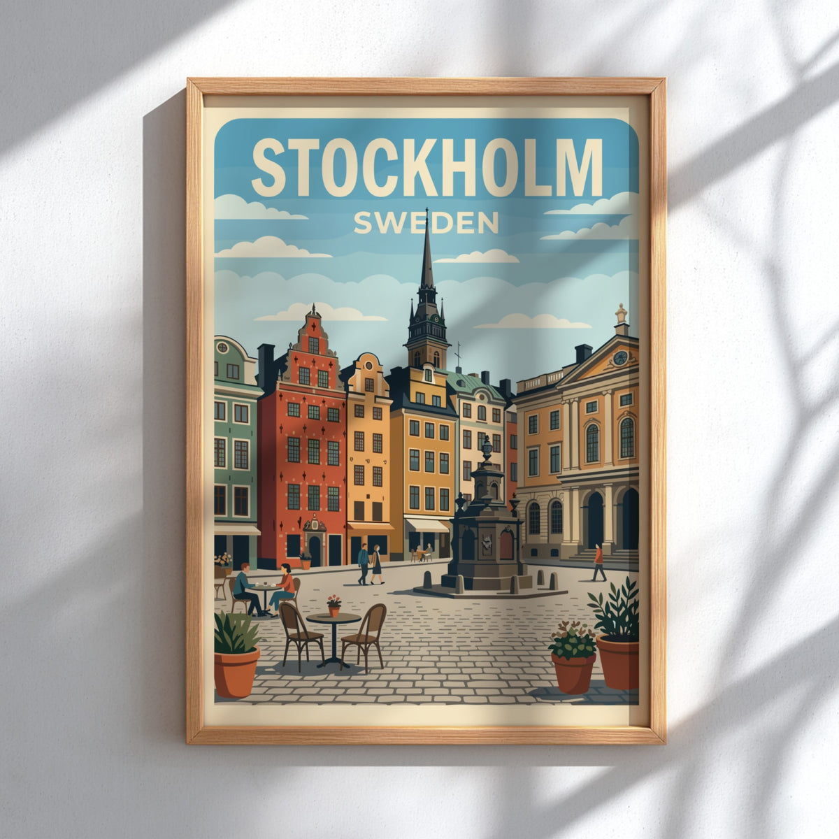 Stockholm Sweden travel poster featuring colourful old town buildings and a stone fountain.