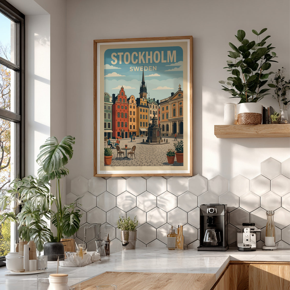 Stockholm Sweden travel poster featuring colourful old town buildings and a stone fountain.