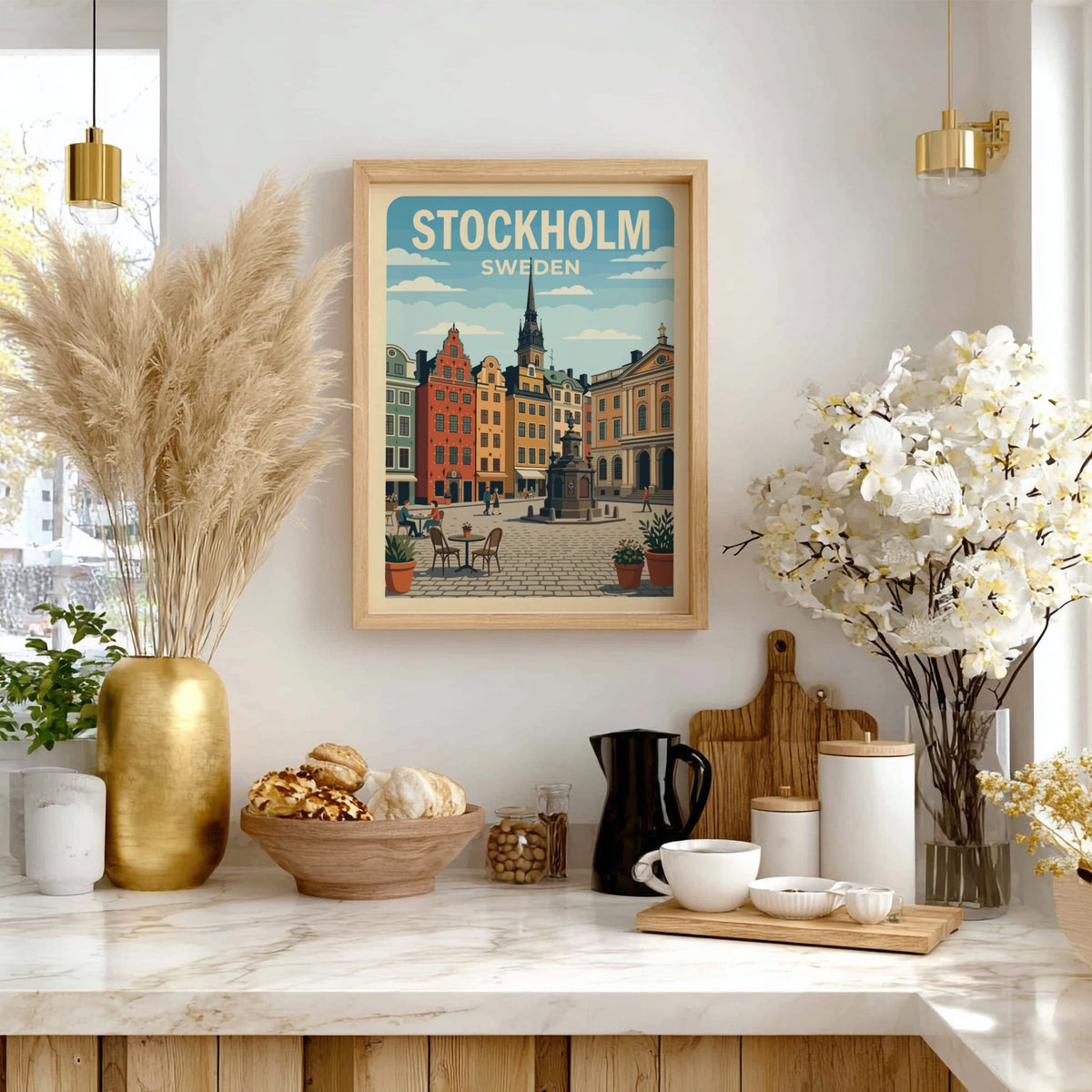Stockholm Sweden travel poster featuring colourful old town buildings and a stone fountain.