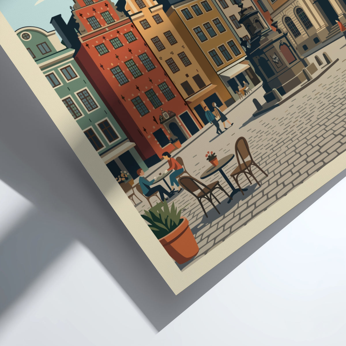 Stockholm Sweden travel poster featuring colourful old town buildings and a stone fountain.