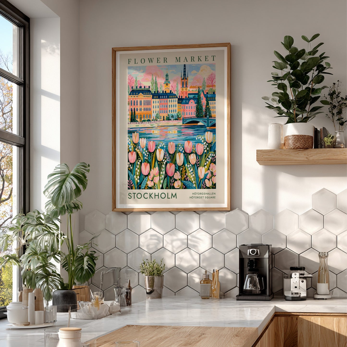 Flower market poster featuring vibrant tulips and a colorful cityscape of Stockholm
