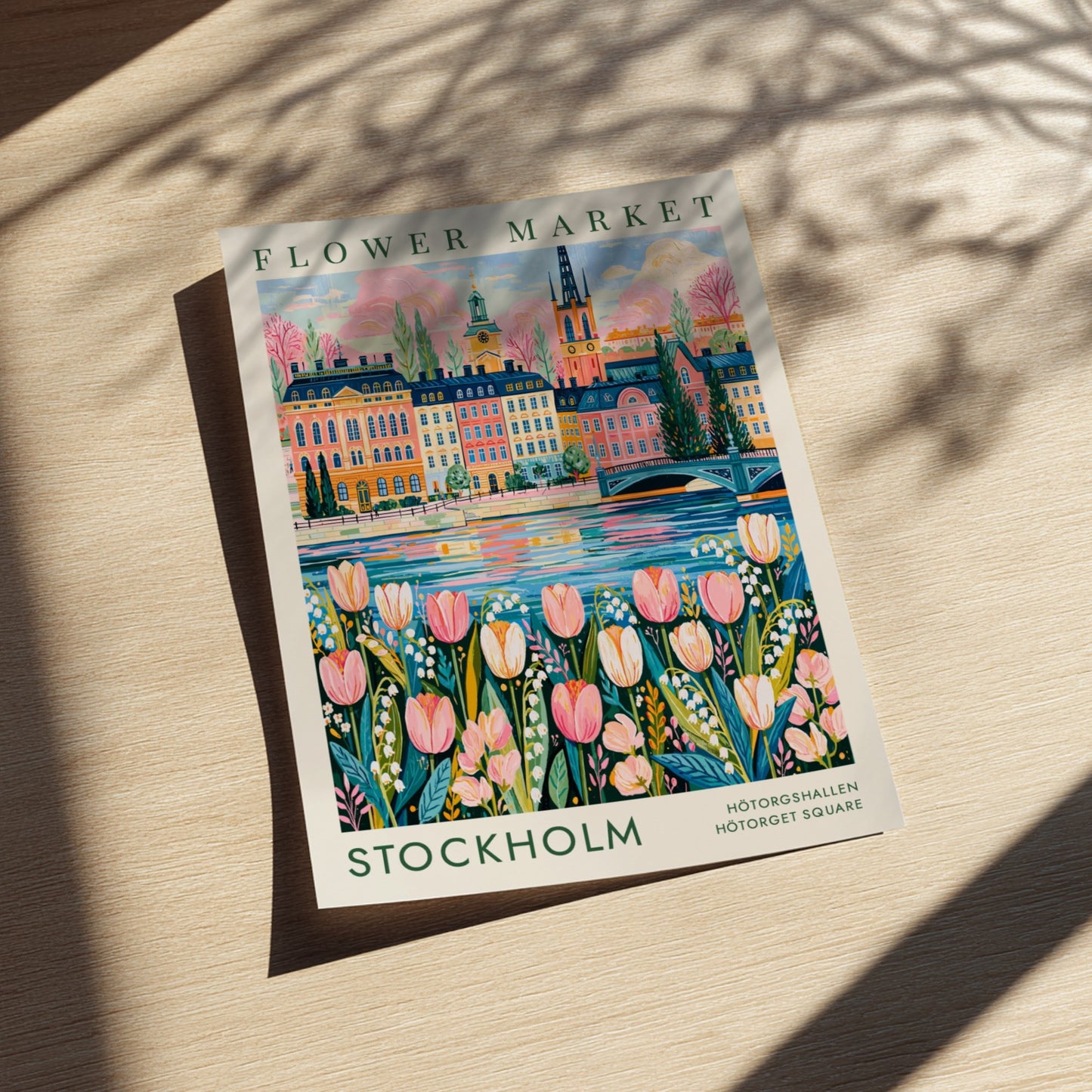 Flower market poster featuring vibrant tulips and a colorful cityscape of Stockholm