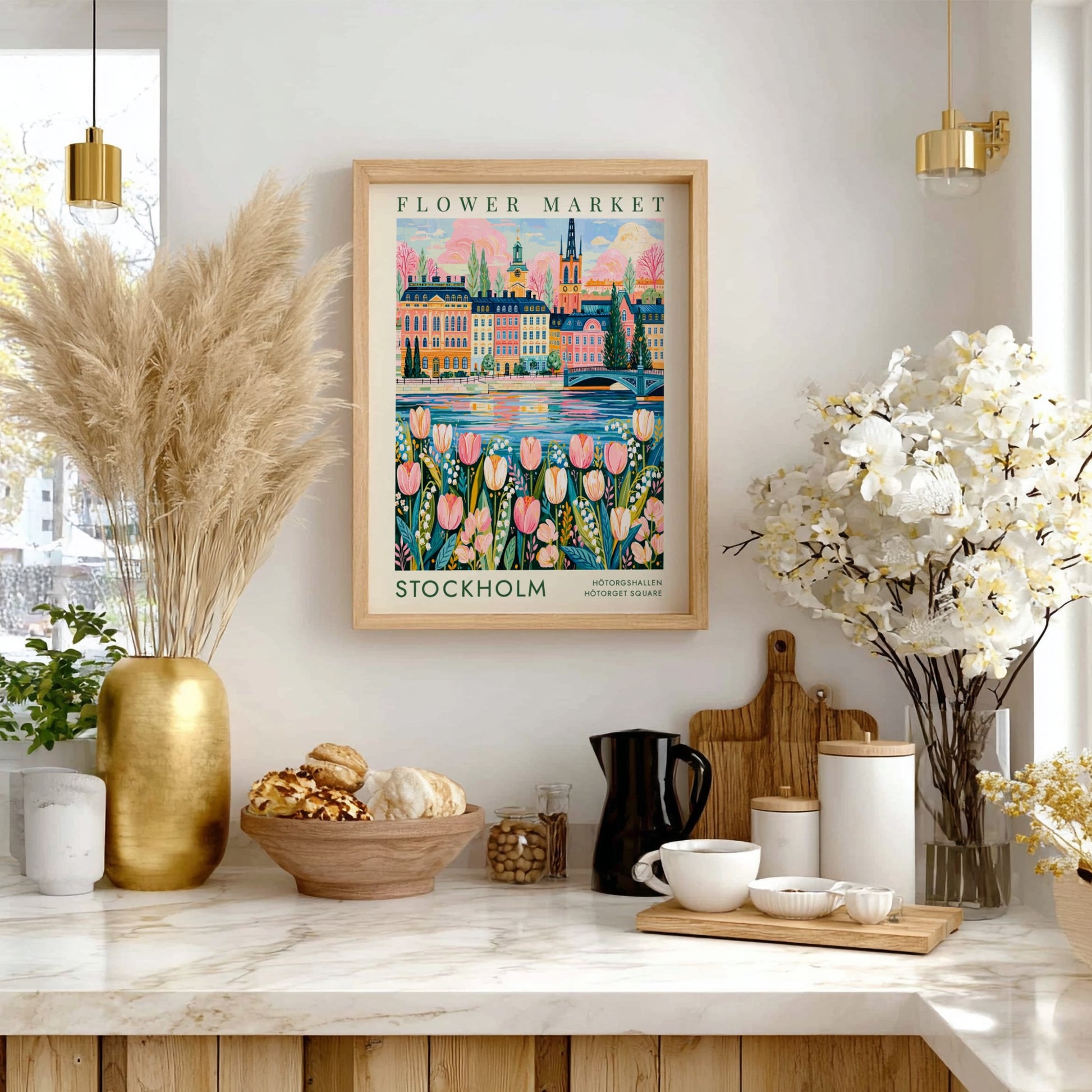 Flower market poster featuring vibrant tulips and a colorful cityscape of Stockholm