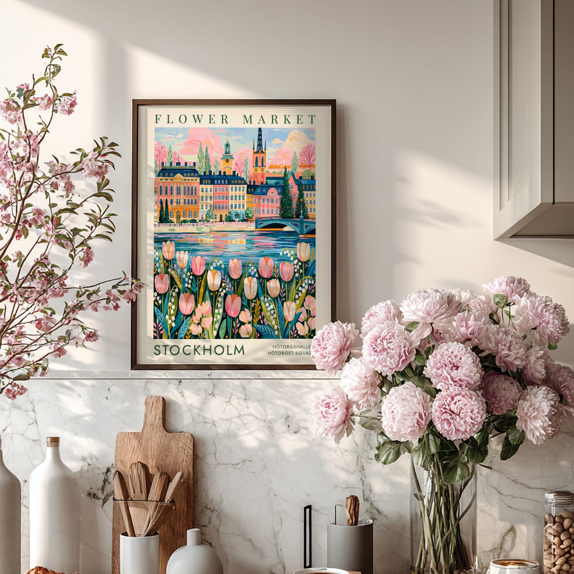 Flower market poster featuring vibrant tulips and a colorful cityscape of Stockholm