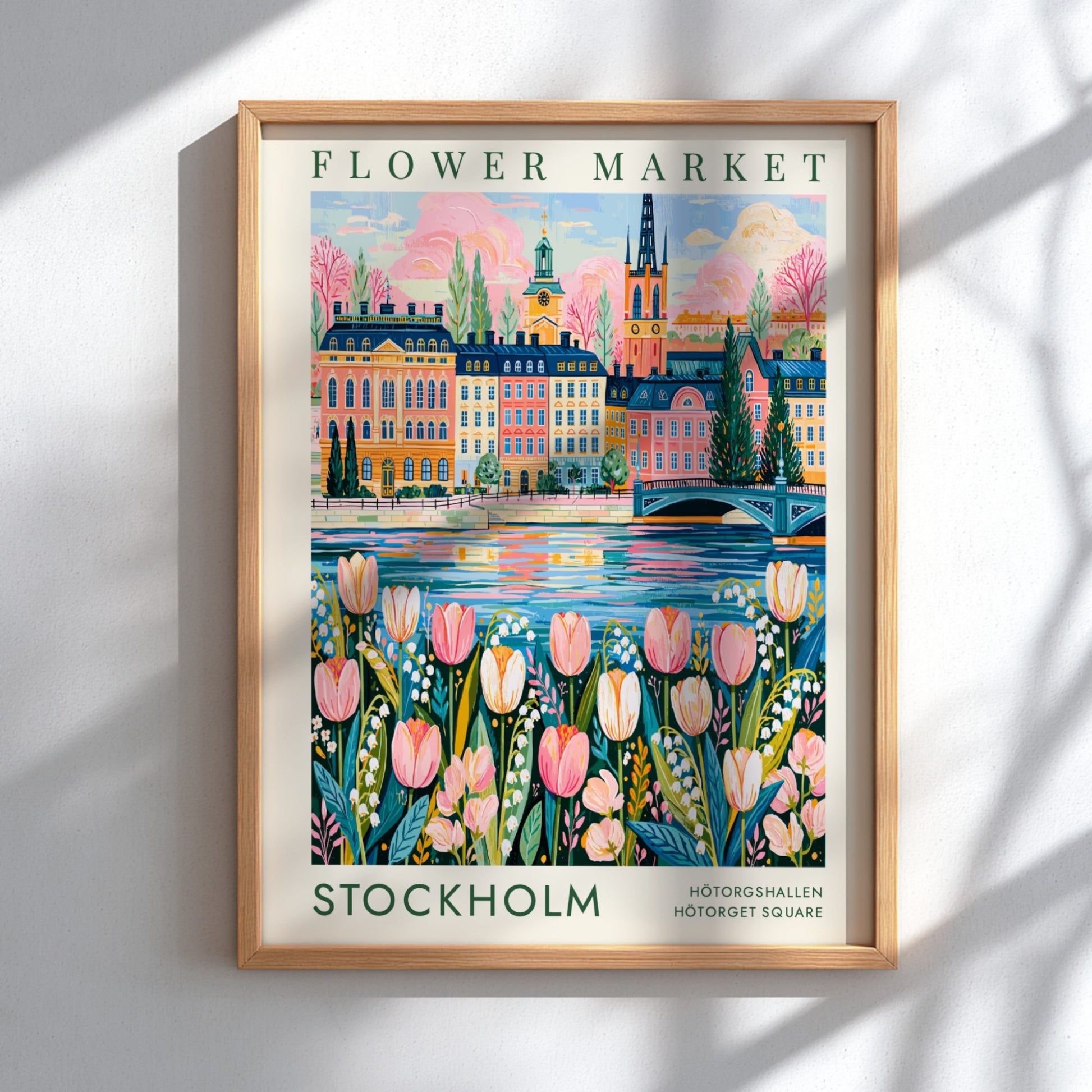 Flower market poster featuring vibrant tulips and a colorful cityscape of Stockholm