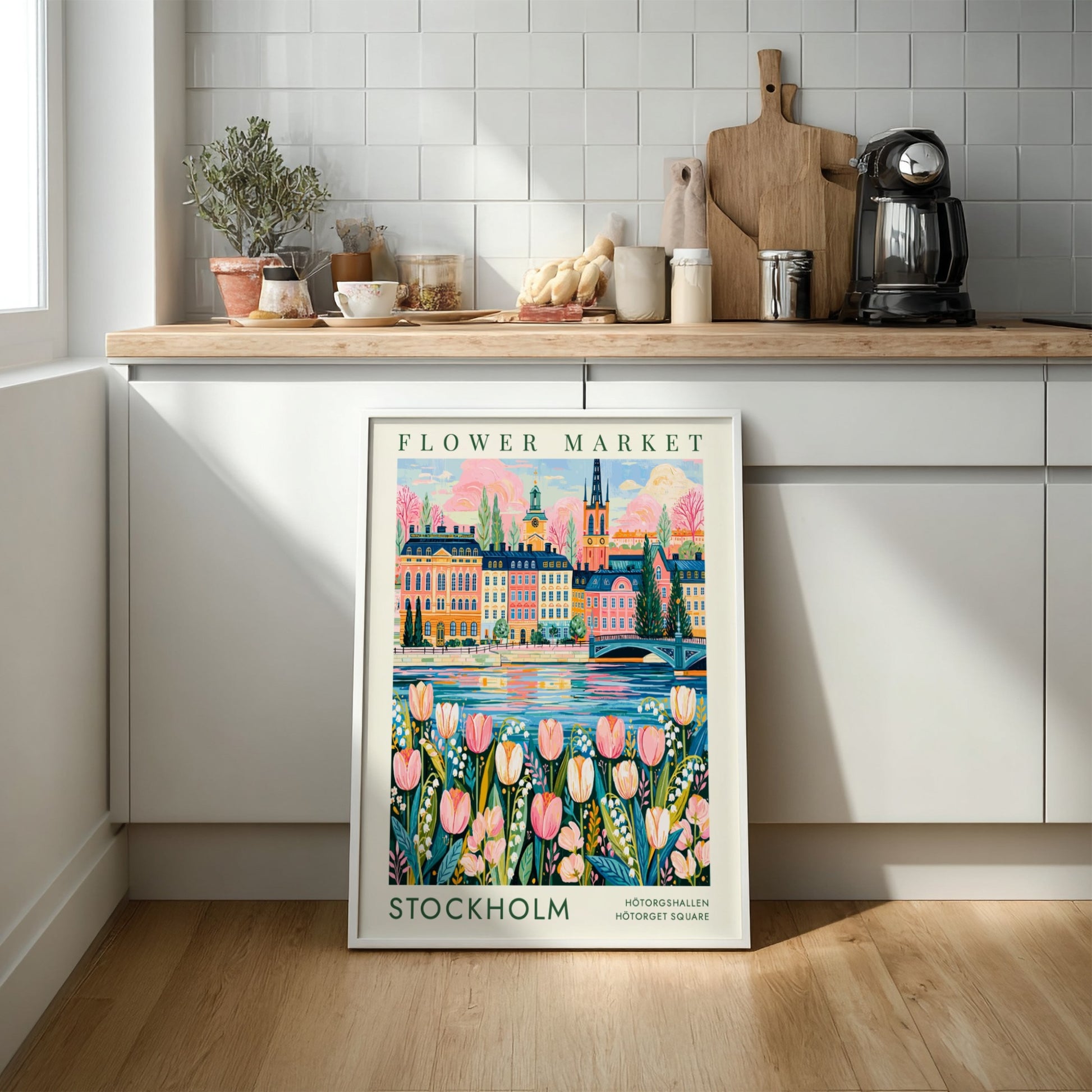 Flower market poster featuring vibrant tulips and a colorful cityscape of Stockholm