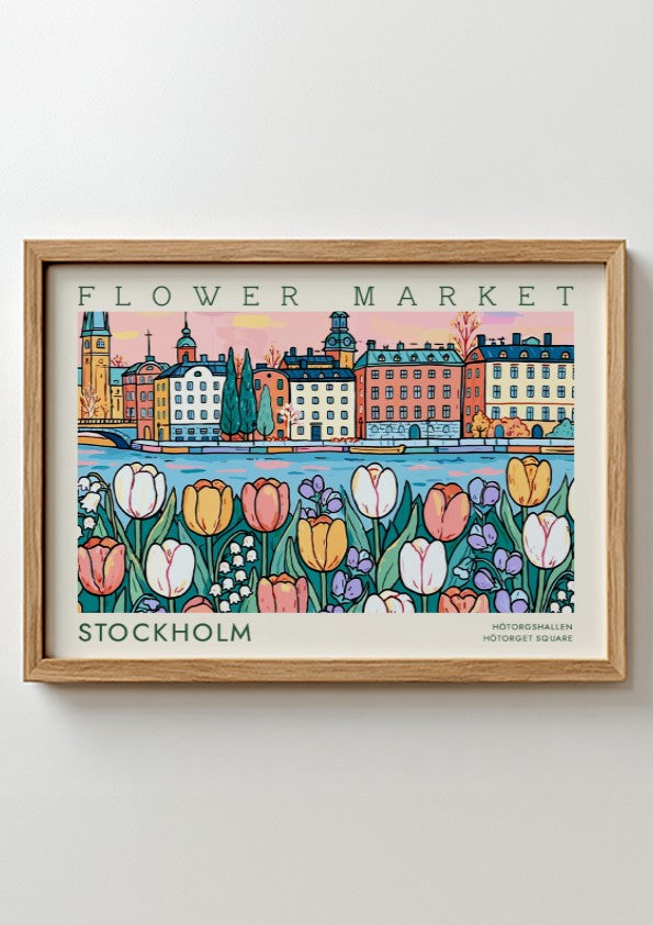 Stockholm flower market poster featuring colorful tulips and vibrant cityscape