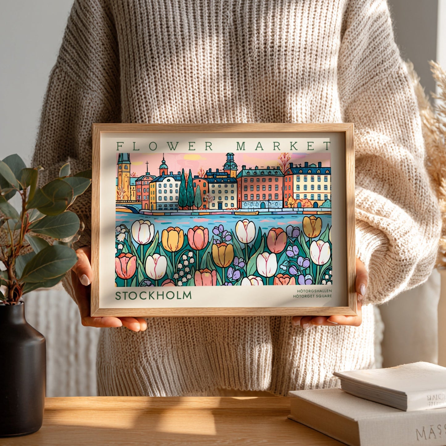 Stockholm flower market poster featuring colorful tulips and vibrant cityscape