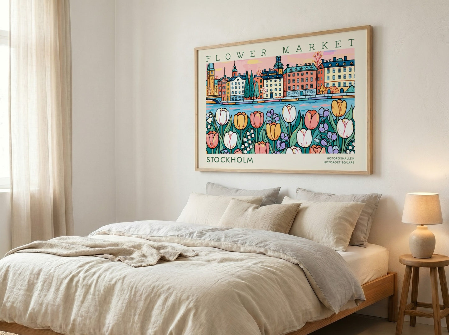 Stockholm flower market poster featuring colorful tulips and vibrant cityscape