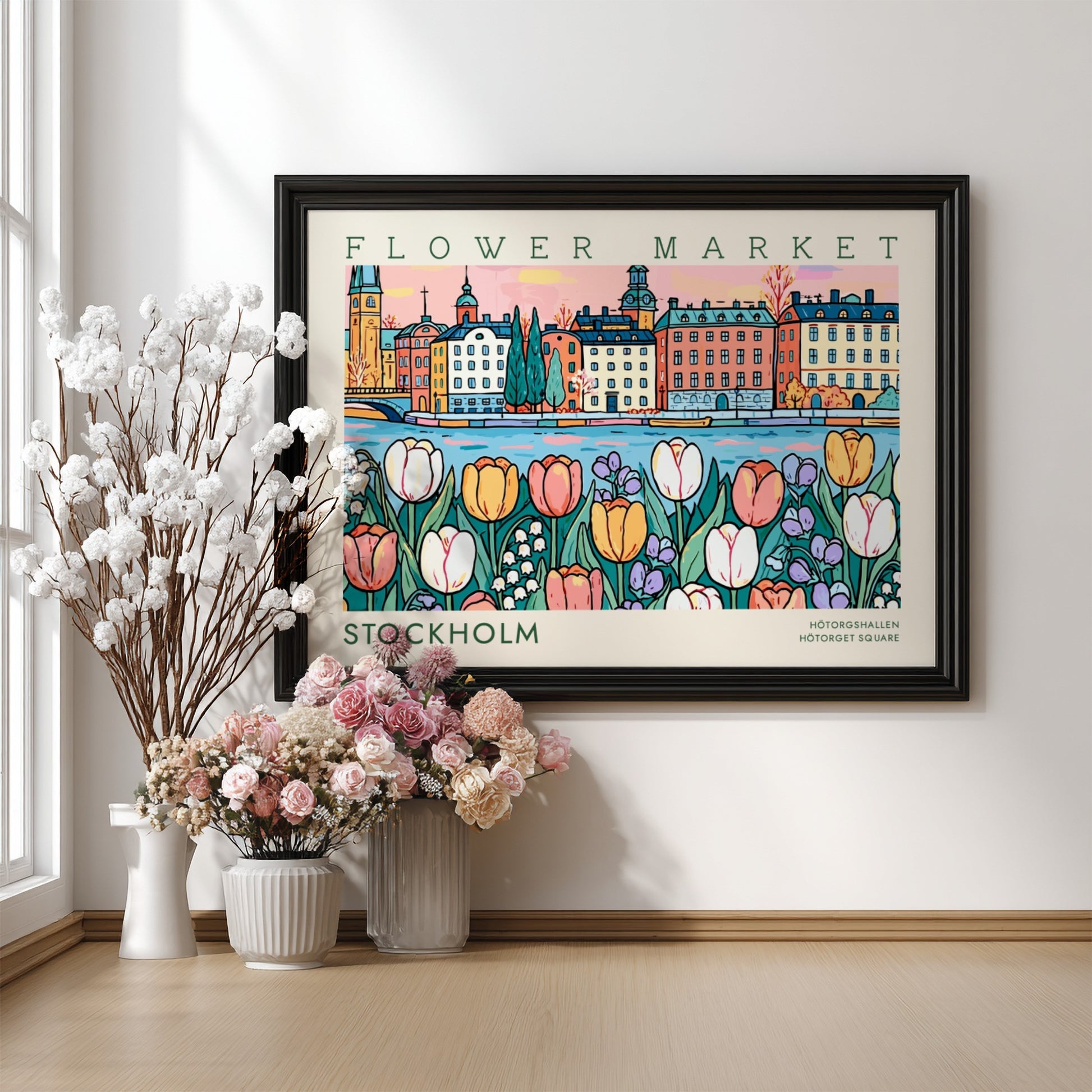 Stockholm flower market poster featuring colorful tulips and vibrant cityscape