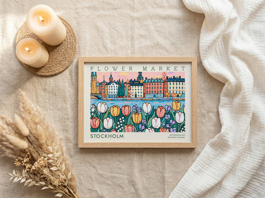 Stockholm flower market poster featuring colorful tulips and vibrant cityscape