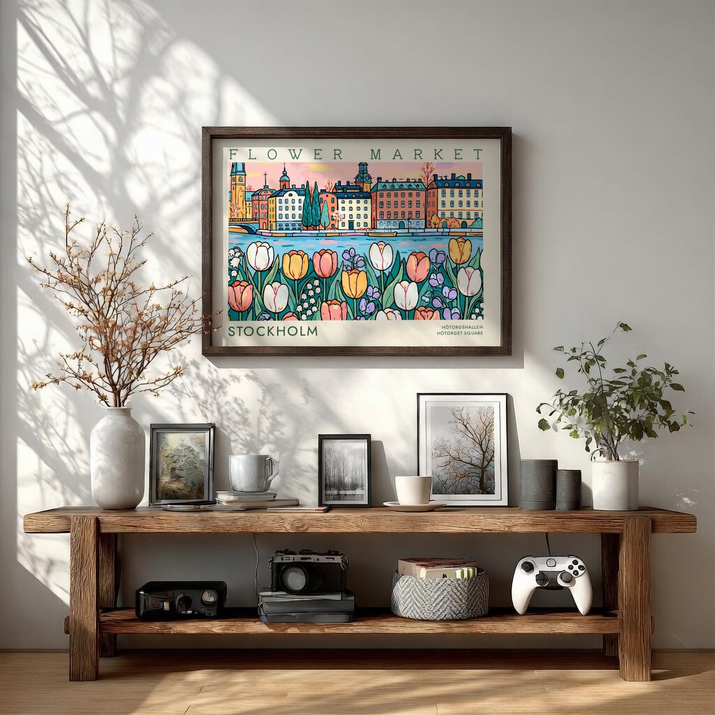 Stockholm flower market poster featuring colorful tulips and vibrant cityscape