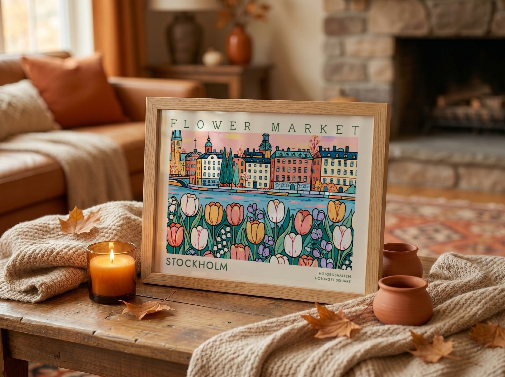 Stockholm flower market poster featuring colorful tulips and vibrant cityscape