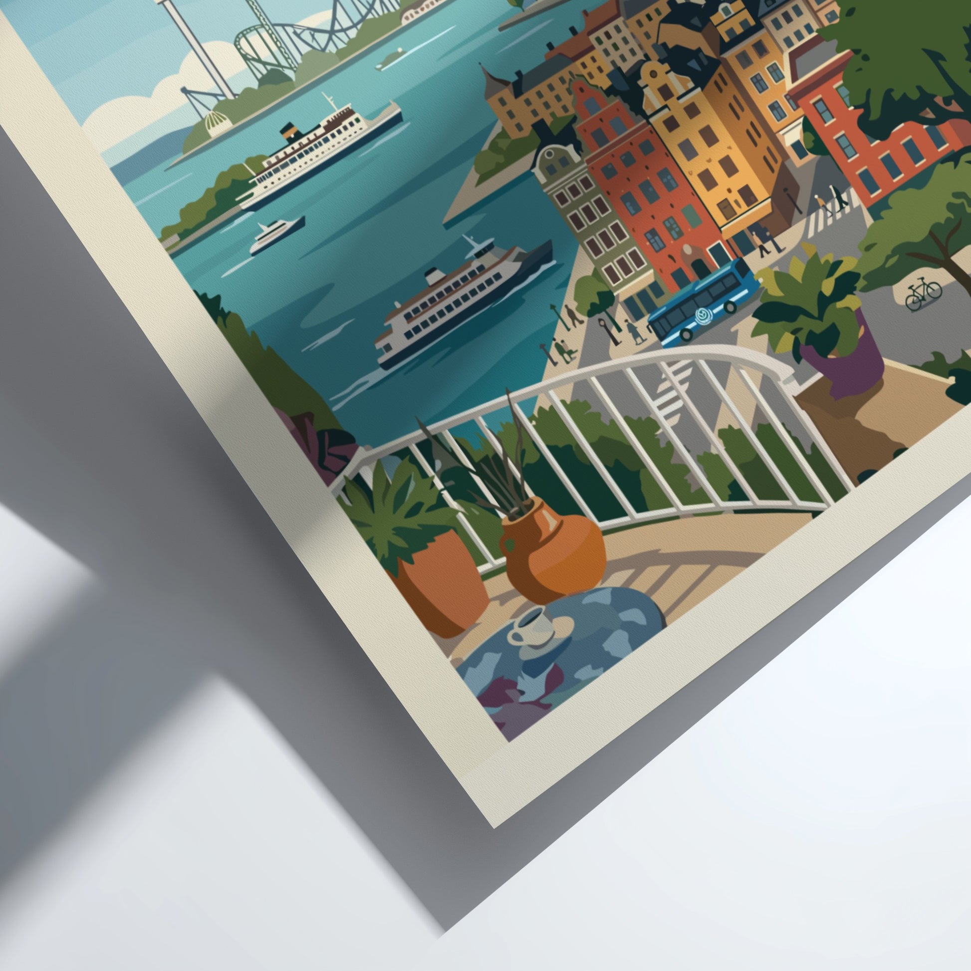 Vintage Stockholm cityscape poster featuring colorful buildings, water, and boats in a retro travel art style.