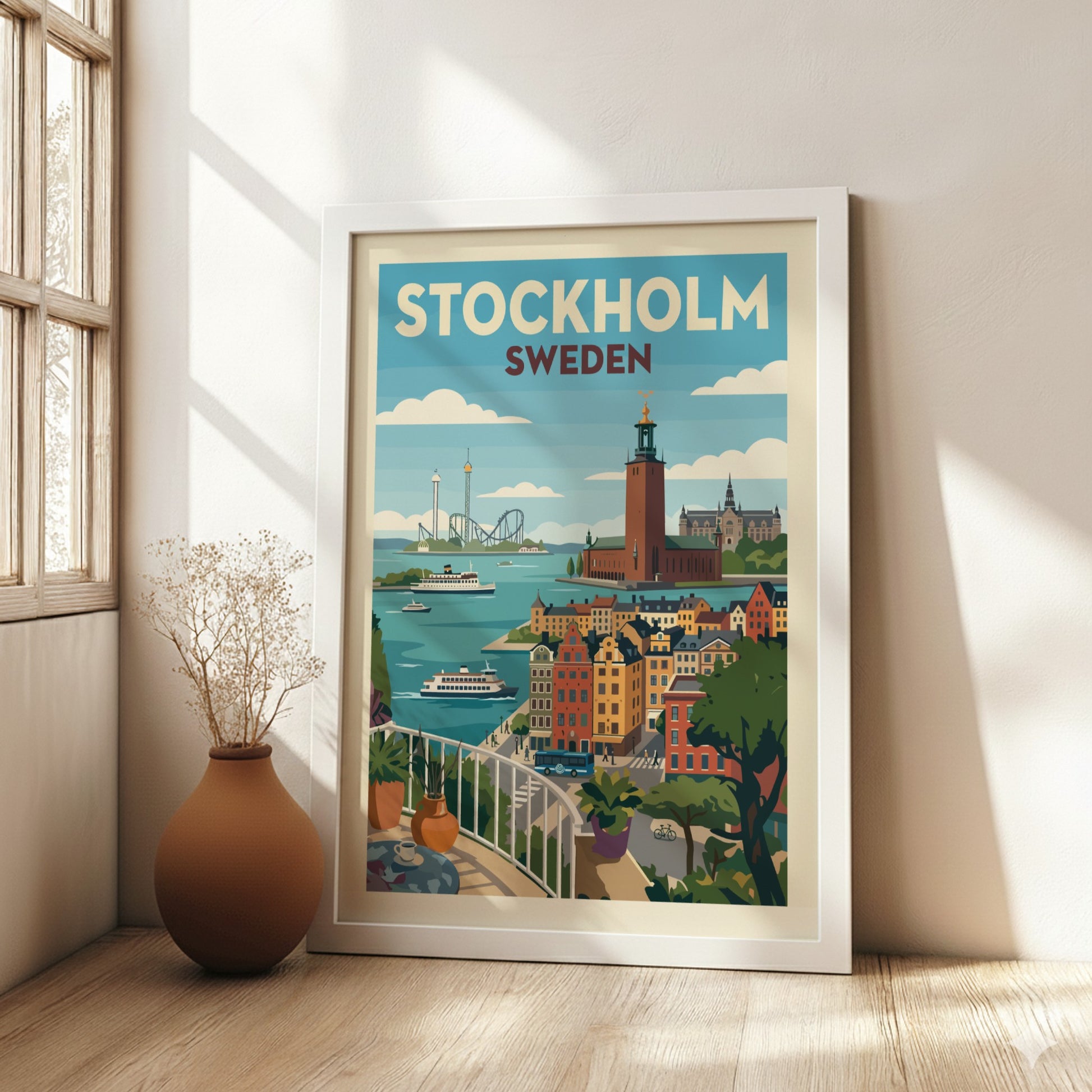 Vintage Stockholm cityscape poster featuring colorful buildings, water, and boats in a retro travel art style.