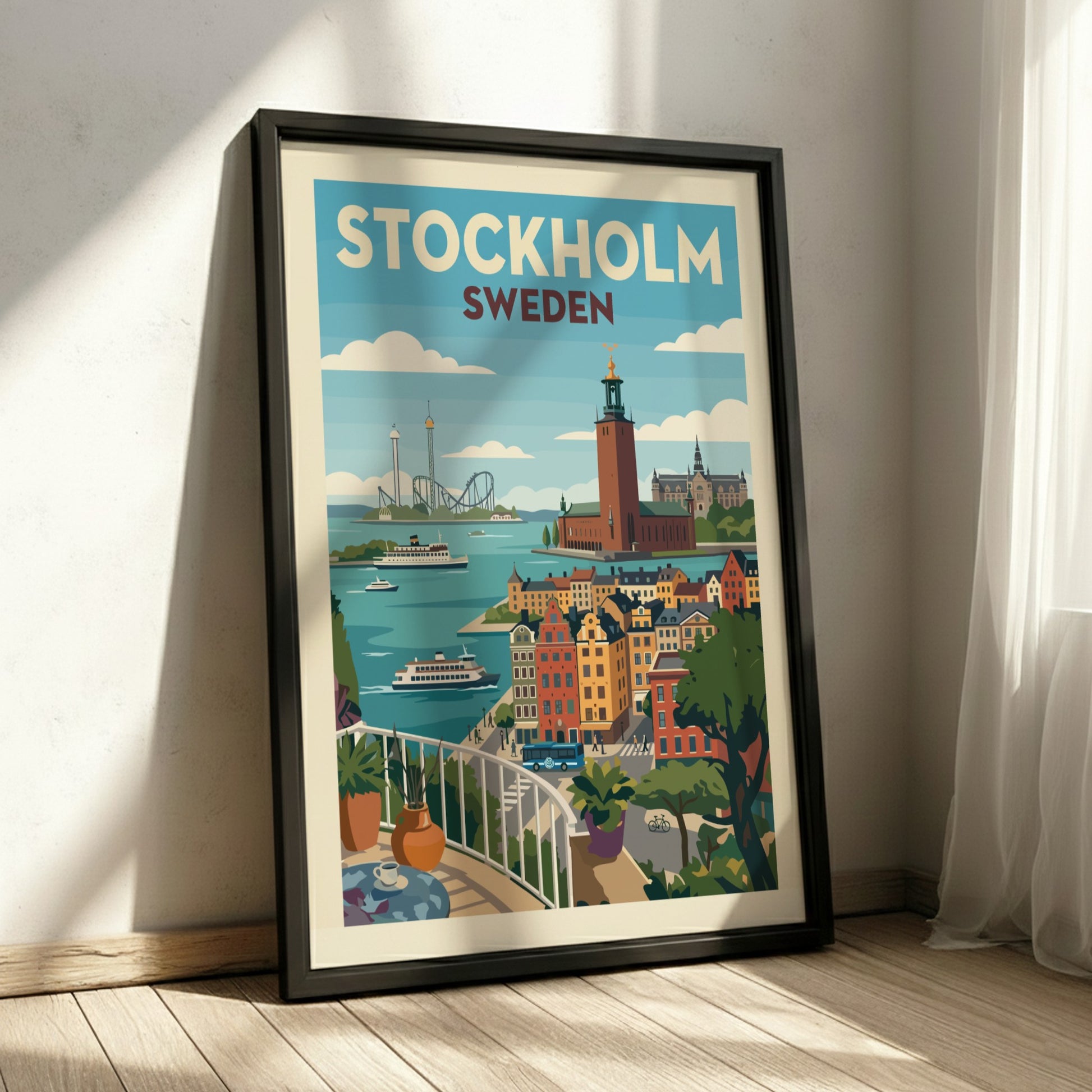 Vintage Stockholm cityscape poster featuring colorful buildings, water, and boats in a retro travel art style.