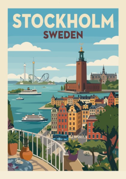 Vintage Stockholm cityscape poster featuring colorful buildings, water, and boats in a retro travel art style.