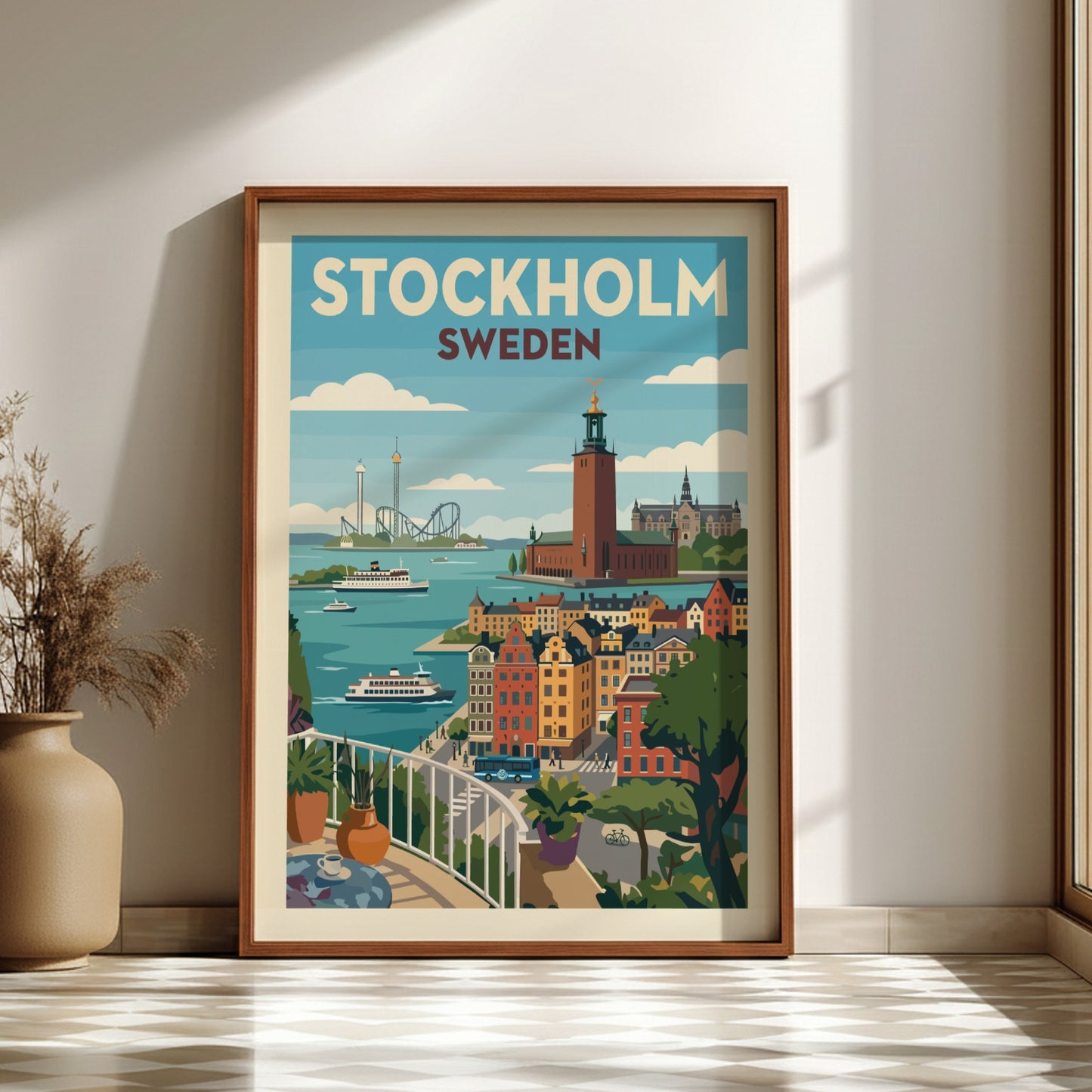 Vintage Stockholm cityscape poster featuring colorful buildings, water, and boats in a retro travel art style.