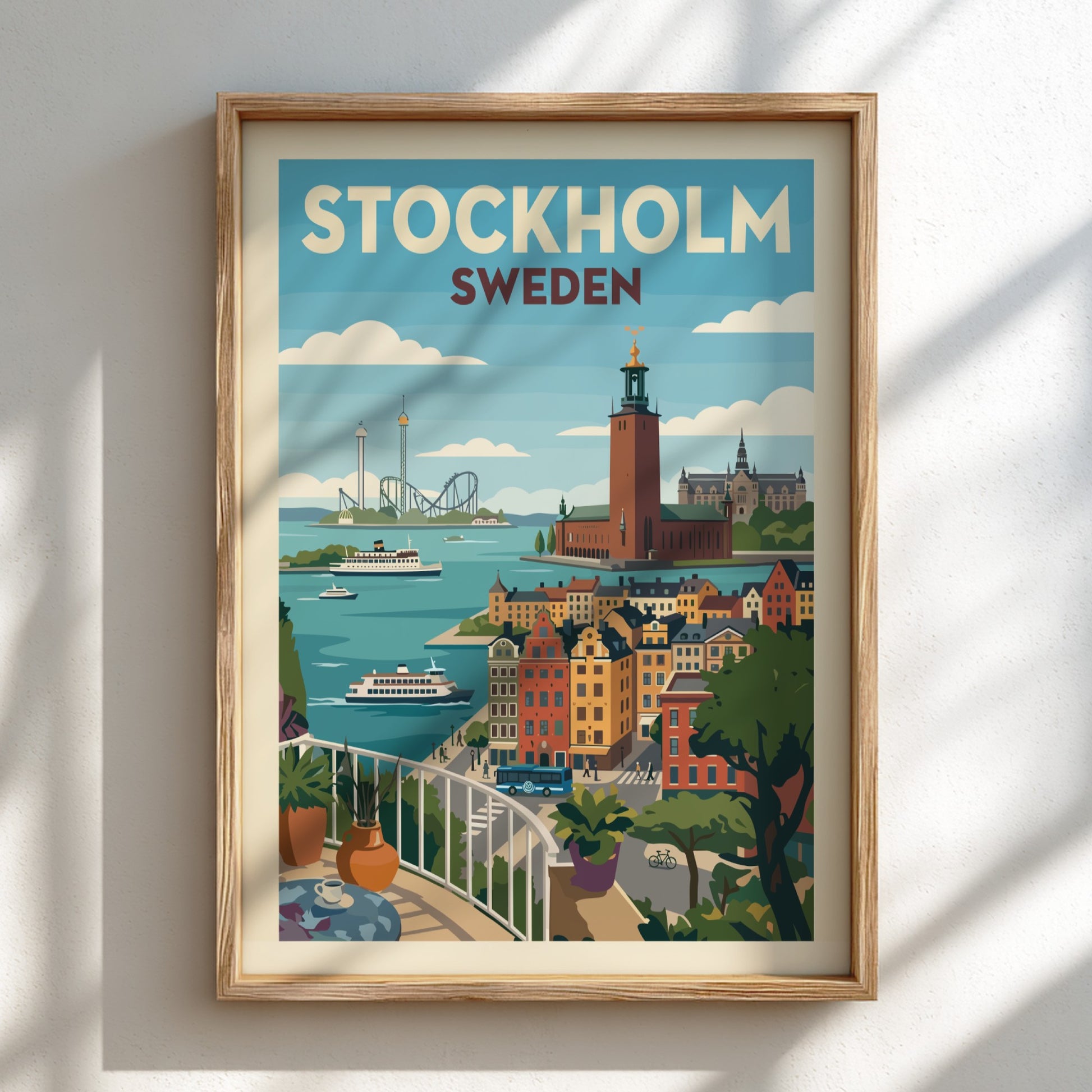 Vintage Stockholm cityscape poster featuring colorful buildings, water, and boats in a retro travel art style.