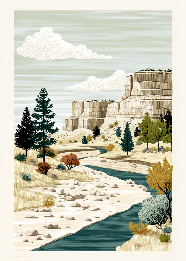 Illustration of a desert landscape with trees, rocks, and a river.