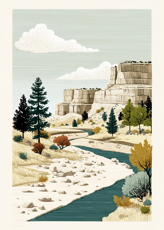 Illustration of a desert landscape with trees, rocks, and a river.