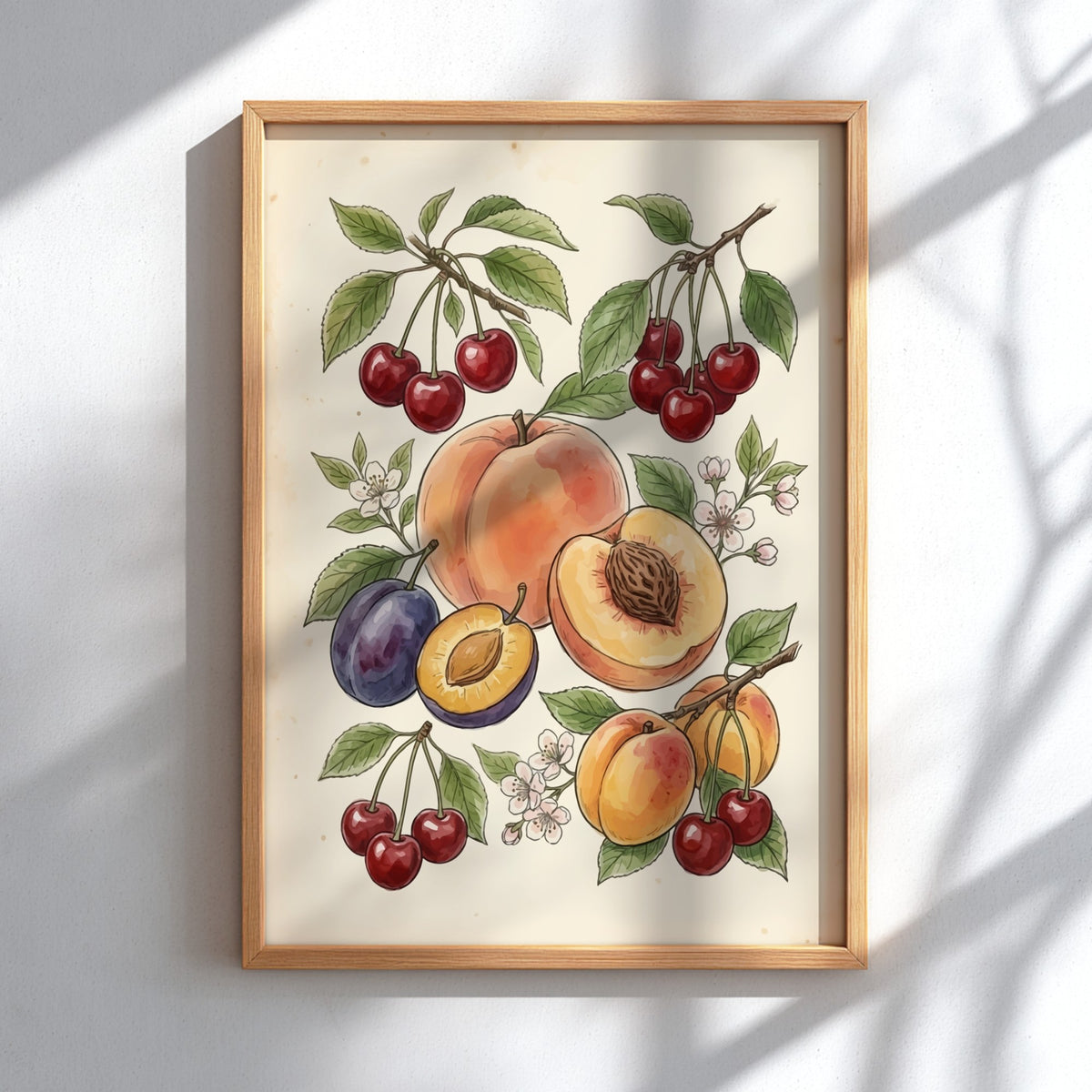 Stone fruit botanical poster featuring peaches, plums, and cherries on a vintage cream background