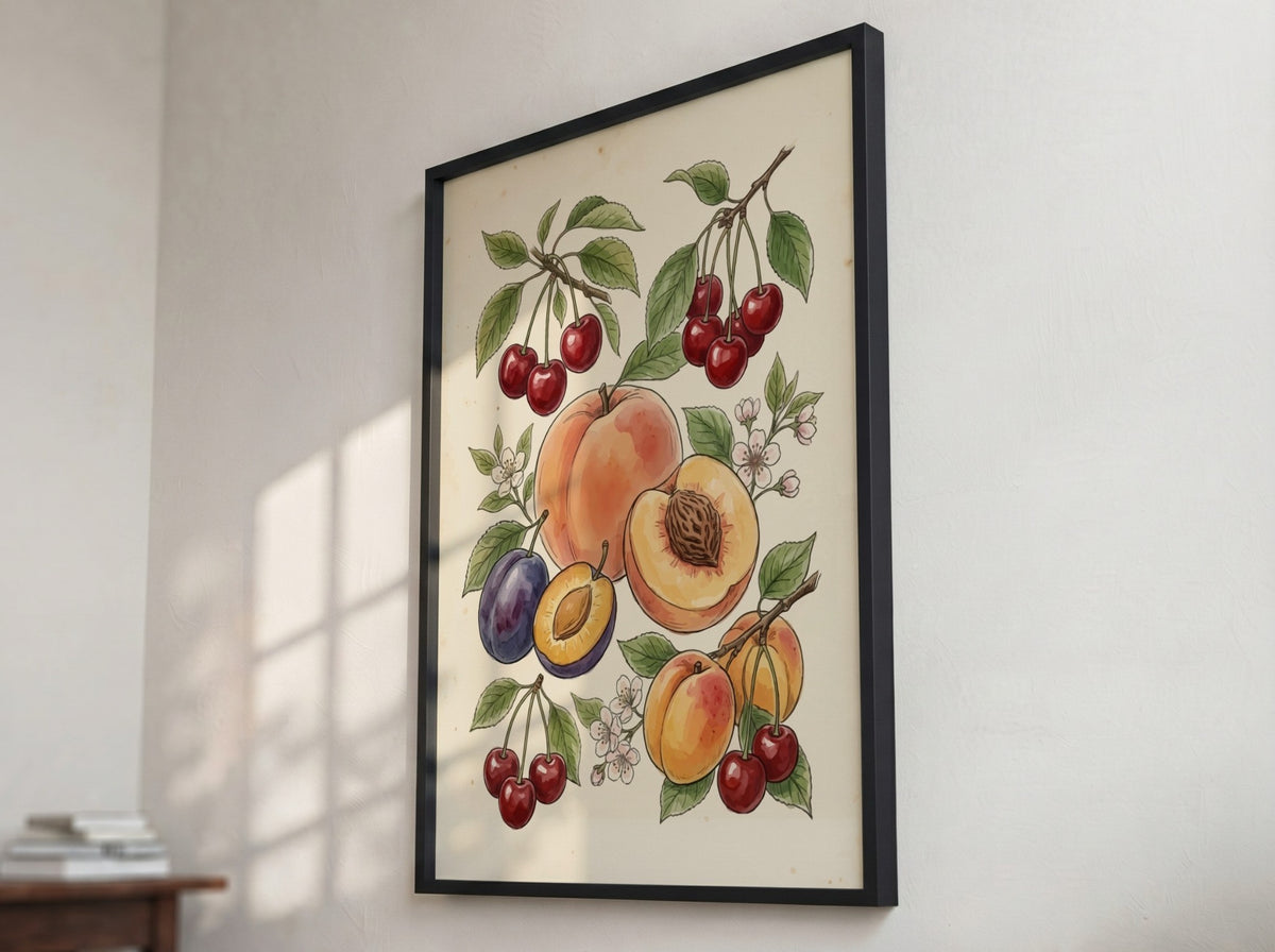 Stone fruit botanical poster featuring peaches, plums, and cherries on a vintage cream background