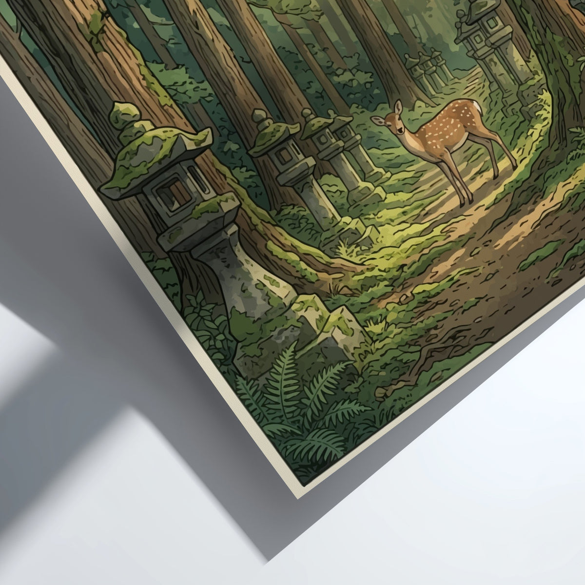 Poster featuring a deer standing on a forest path lined with stone lanterns