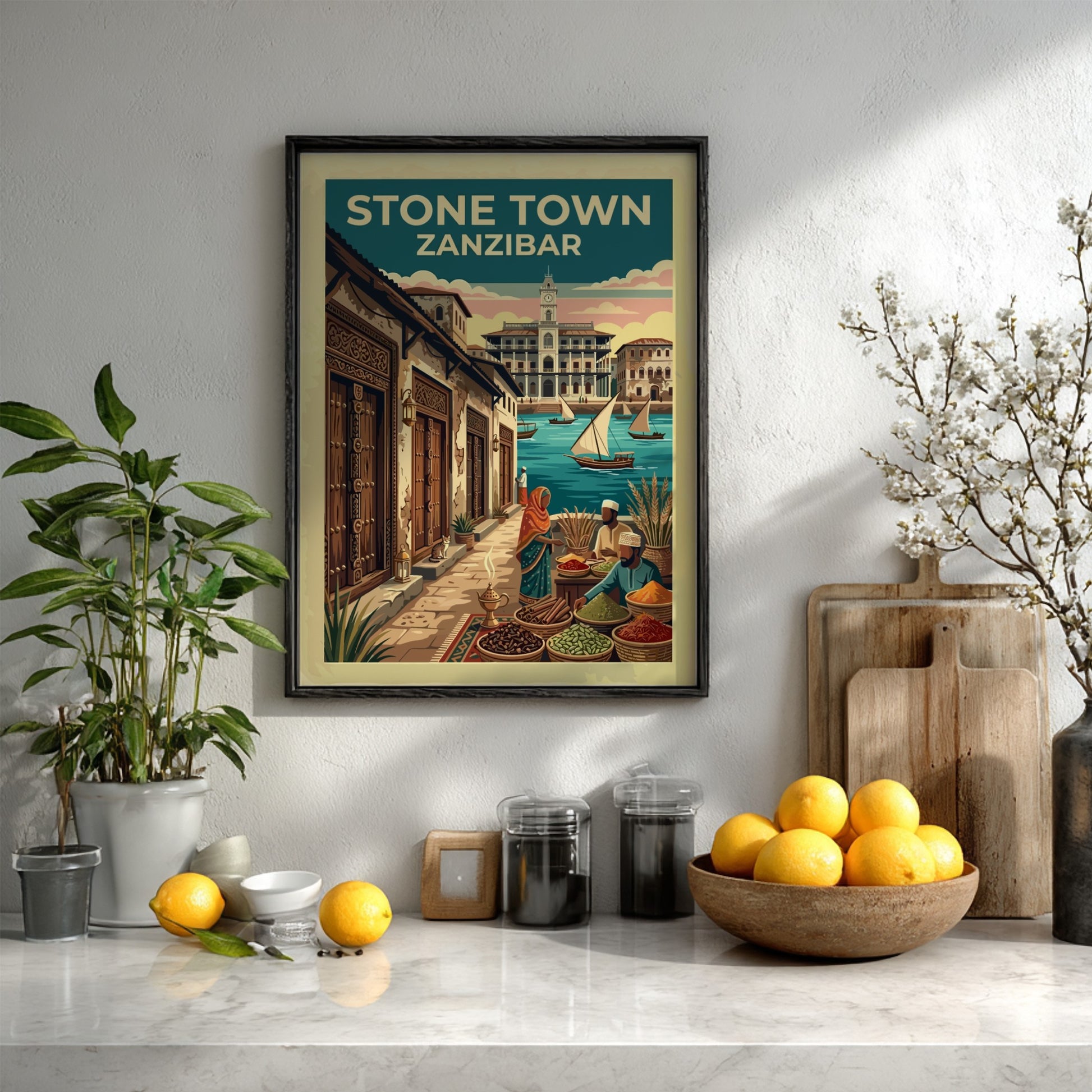 Travel poster of Stone Town Zanzibar with spice vendors, sailing dhows, and historic architecture.