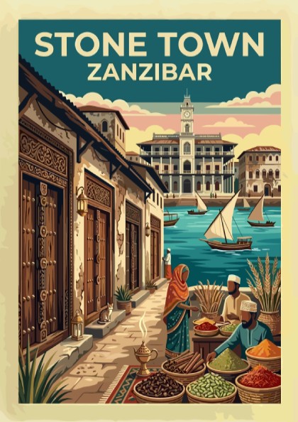 Travel poster of Stone Town Zanzibar with spice vendors, sailing dhows, and historic architecture.