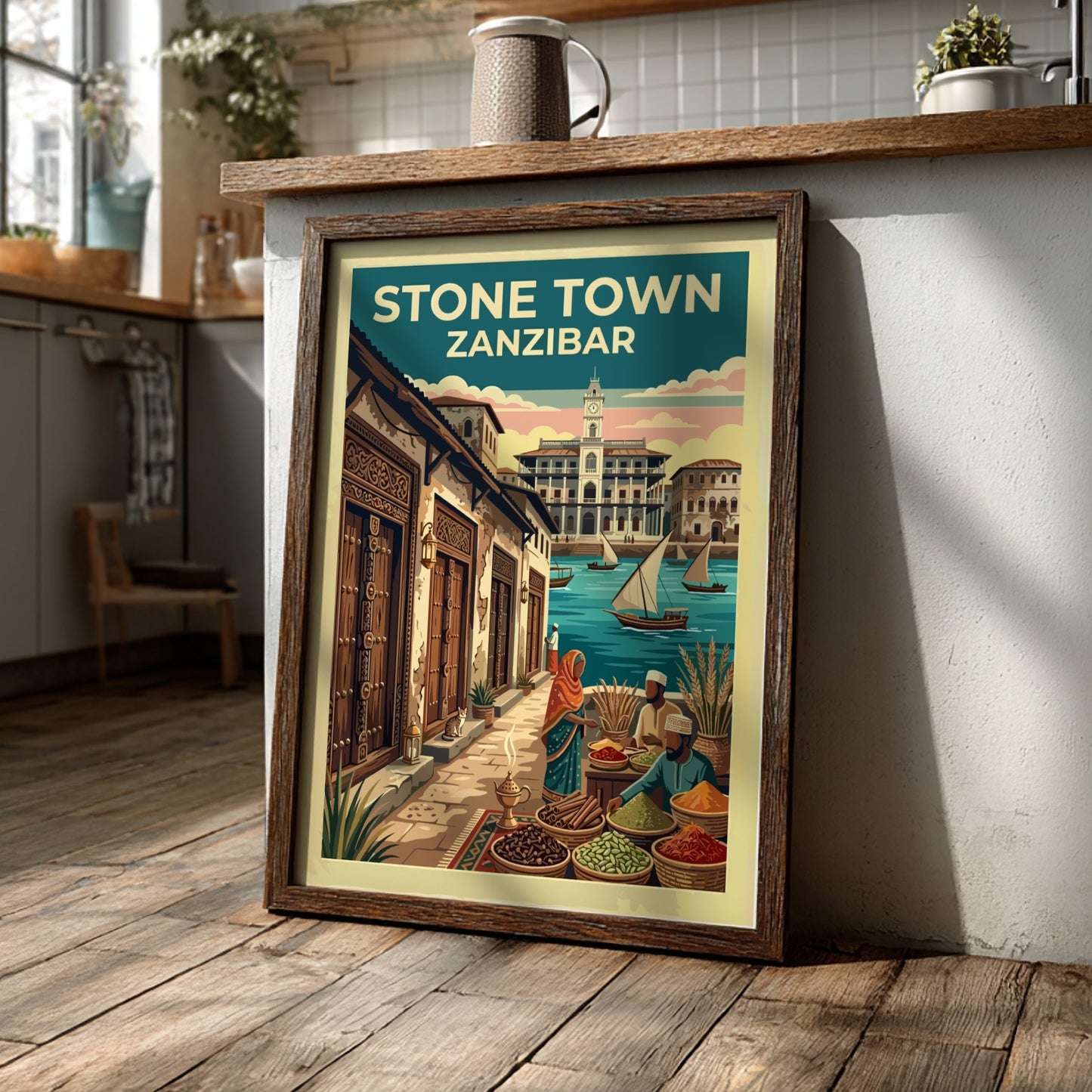 Travel poster of Stone Town Zanzibar with spice vendors, sailing dhows, and historic architecture.