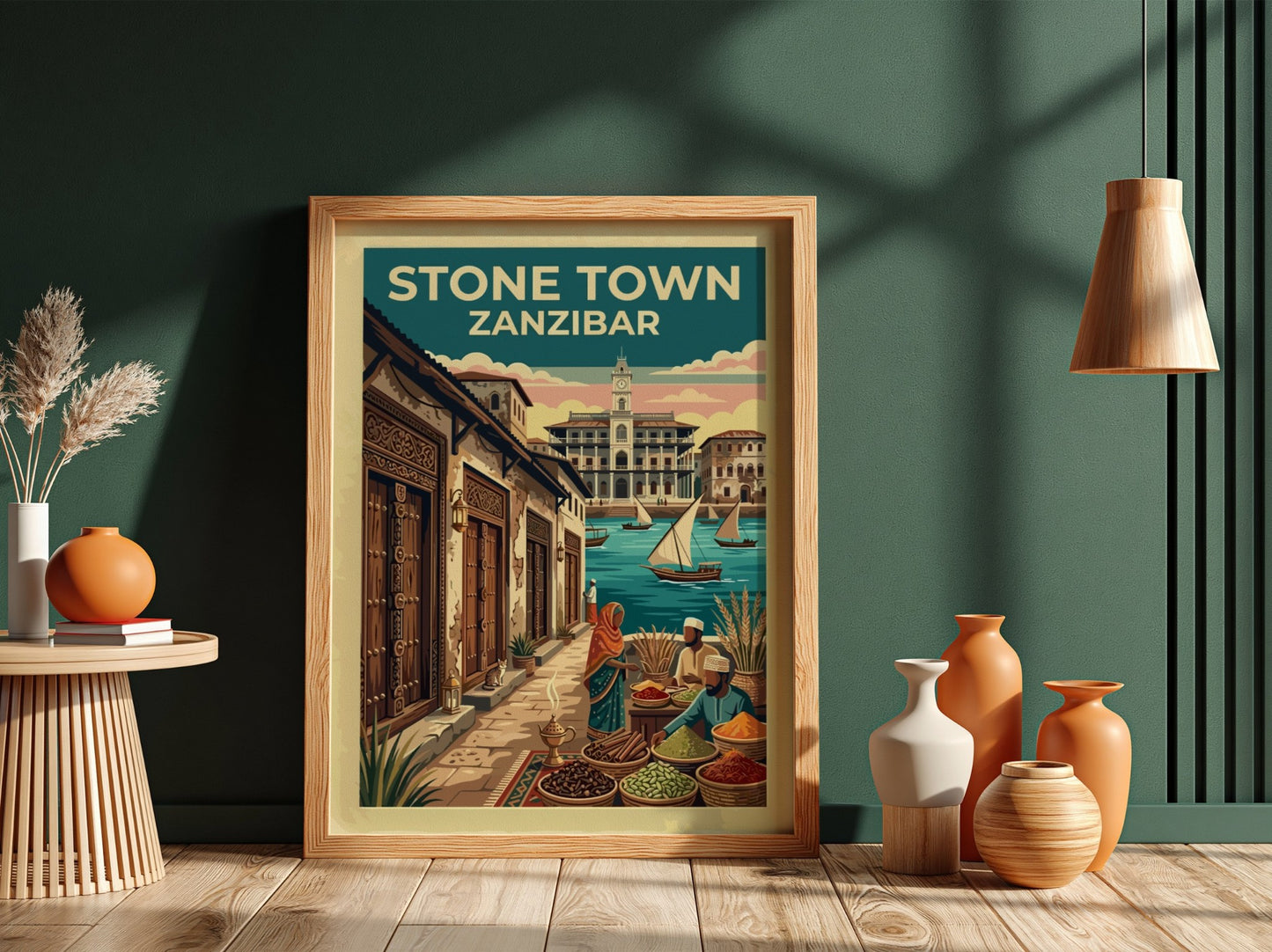 Travel poster of Stone Town Zanzibar with spice vendors, sailing dhows, and historic architecture.