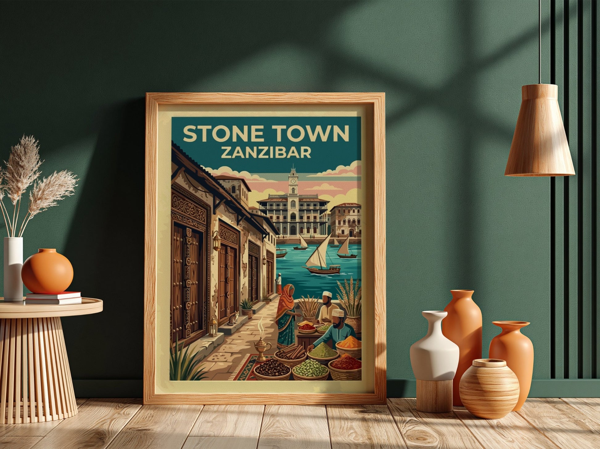 Travel poster of Stone Town Zanzibar with spice vendors, sailing dhows, and historic architecture.