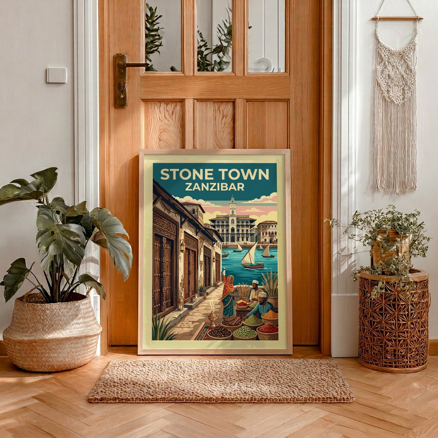 Travel poster of Stone Town Zanzibar with spice vendors, sailing dhows, and historic architecture.
