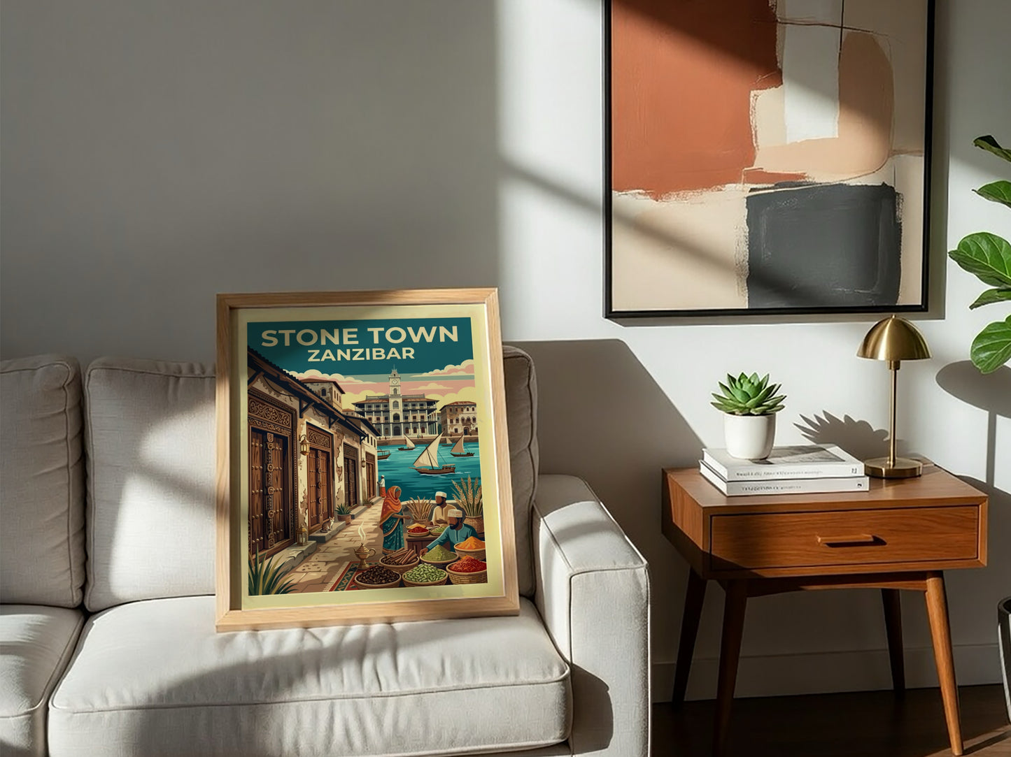 Travel poster of Stone Town Zanzibar with spice vendors, sailing dhows, and historic architecture.