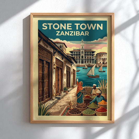 Travel poster of Stone Town Zanzibar with spice vendors, sailing dhows, and historic architecture.