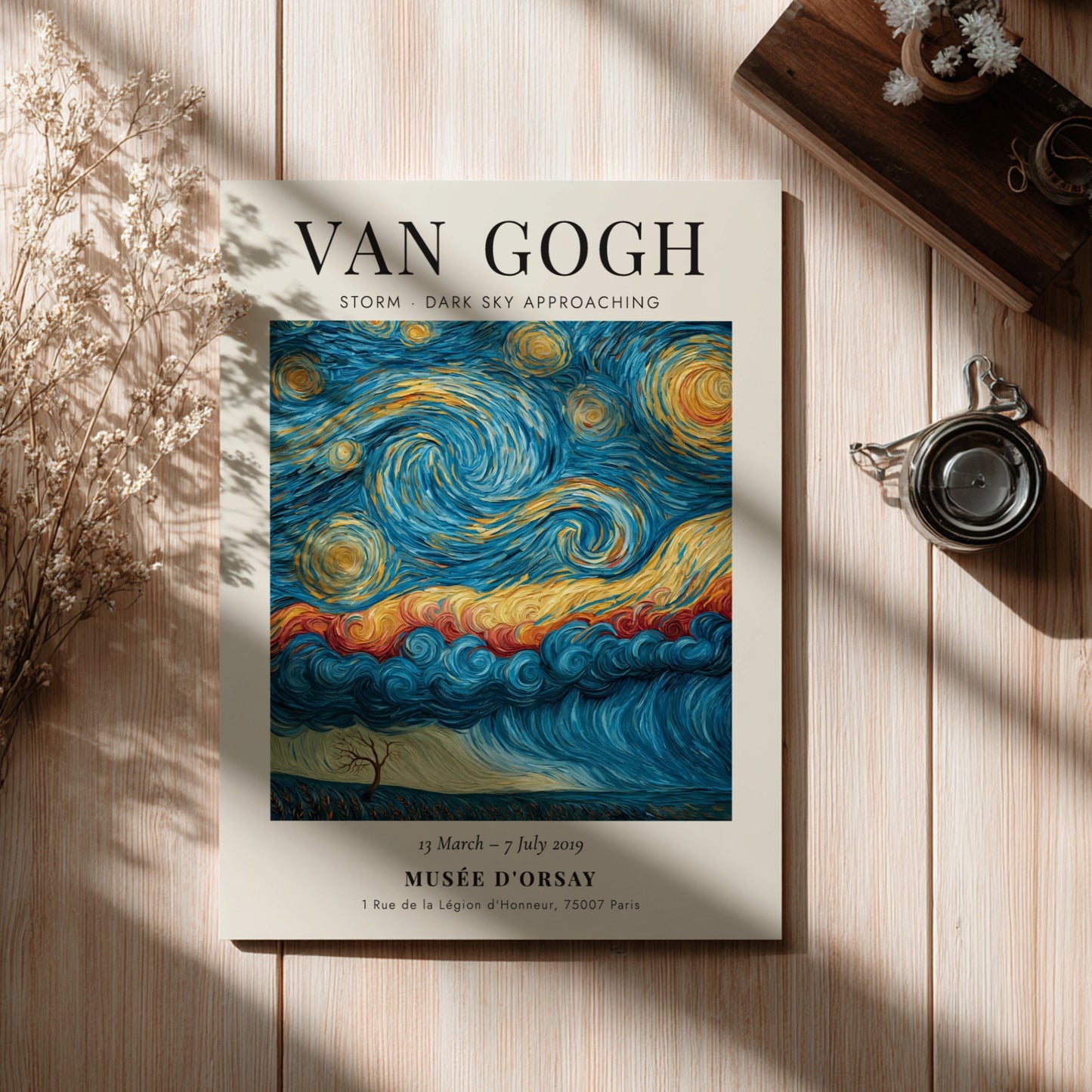 Storm - Dark Sky Approaching poster featuring swirling blues and yellows, inspired by Van Gogh's artwork.