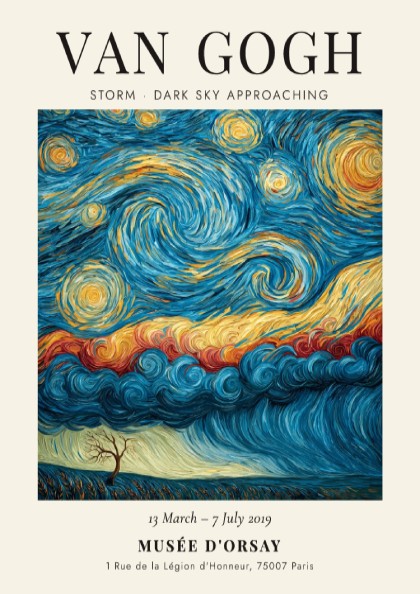 Storm - Dark Sky Approaching poster featuring swirling blues and yellows, inspired by Van Gogh's artwork.