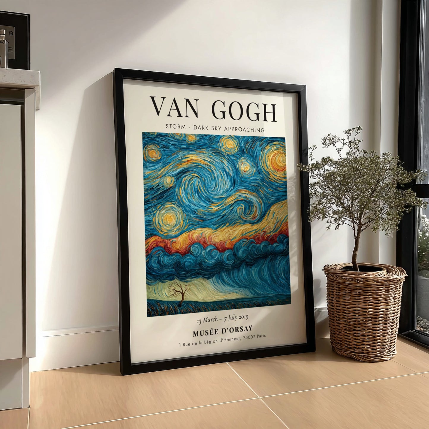 Storm - Dark Sky Approaching poster featuring swirling blues and yellows, inspired by Van Gogh's artwork.