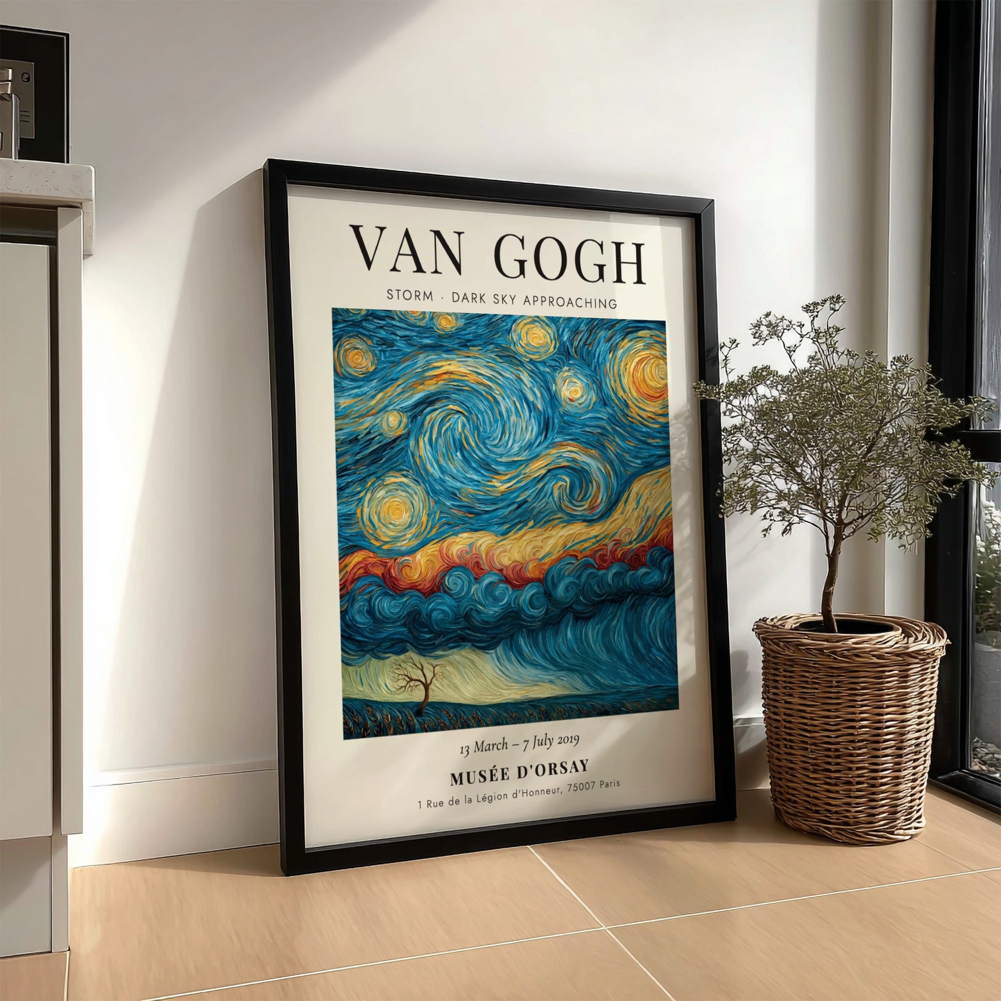 Storm - Dark Sky Approaching poster featuring swirling blues and yellows, inspired by Van Gogh's artwork.