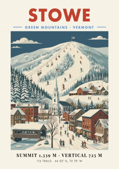 Stowe ski resort poster featuring snowy mountains and a charming town in vintage style
