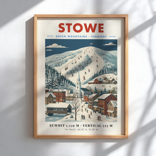 Stowe ski resort poster featuring snowy mountains and a charming town in vintage style