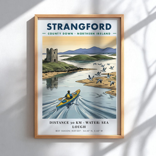 Poster of a kayaker on Strangford Lough in Northern Ireland with a stone tower.