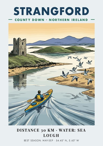 Poster of a kayaker on Strangford Lough in Northern Ireland with a stone tower.