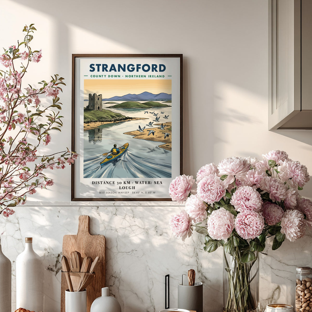 Poster of a kayaker on Strangford Lough in Northern Ireland with a stone tower.