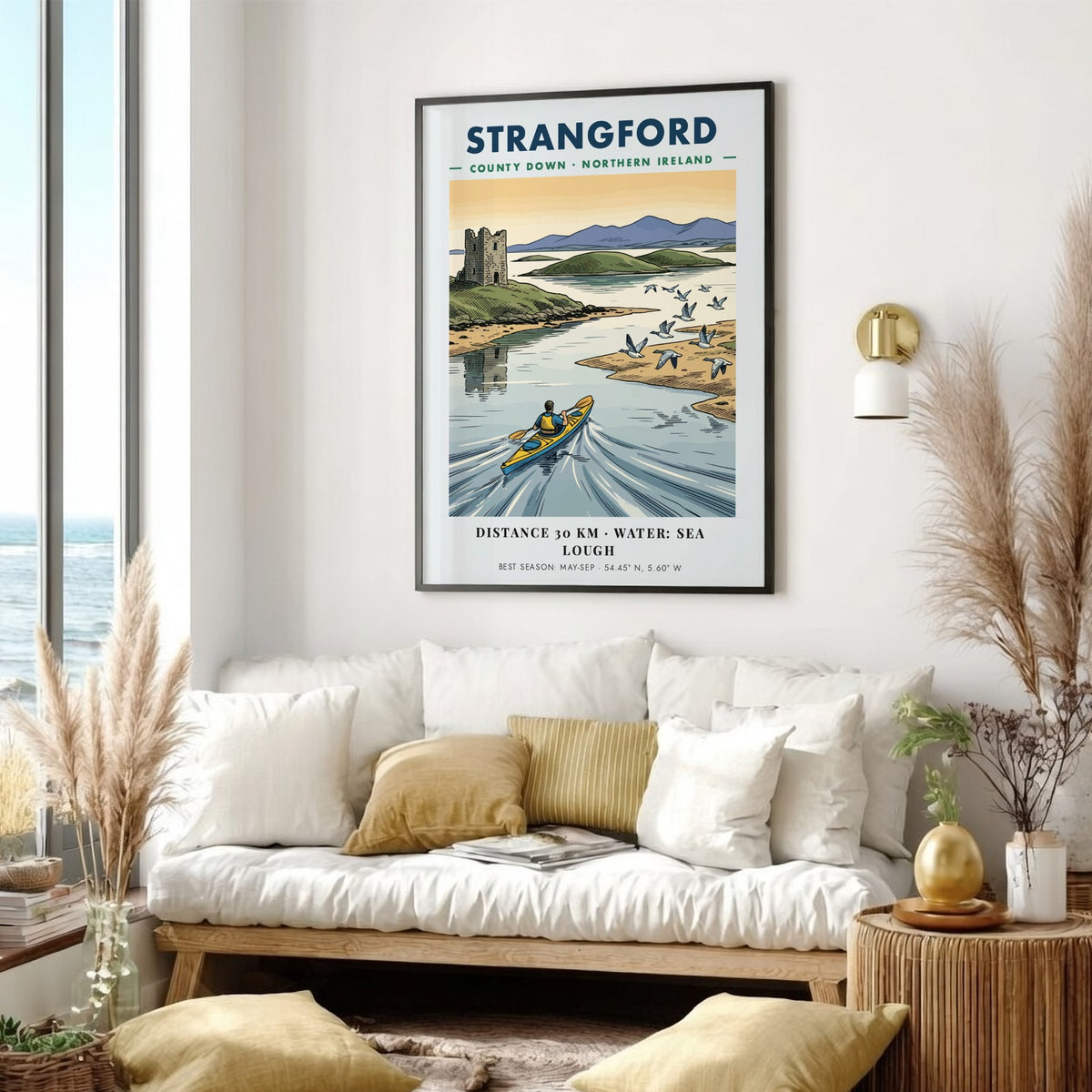 Poster of a kayaker on Strangford Lough in Northern Ireland with a stone tower.