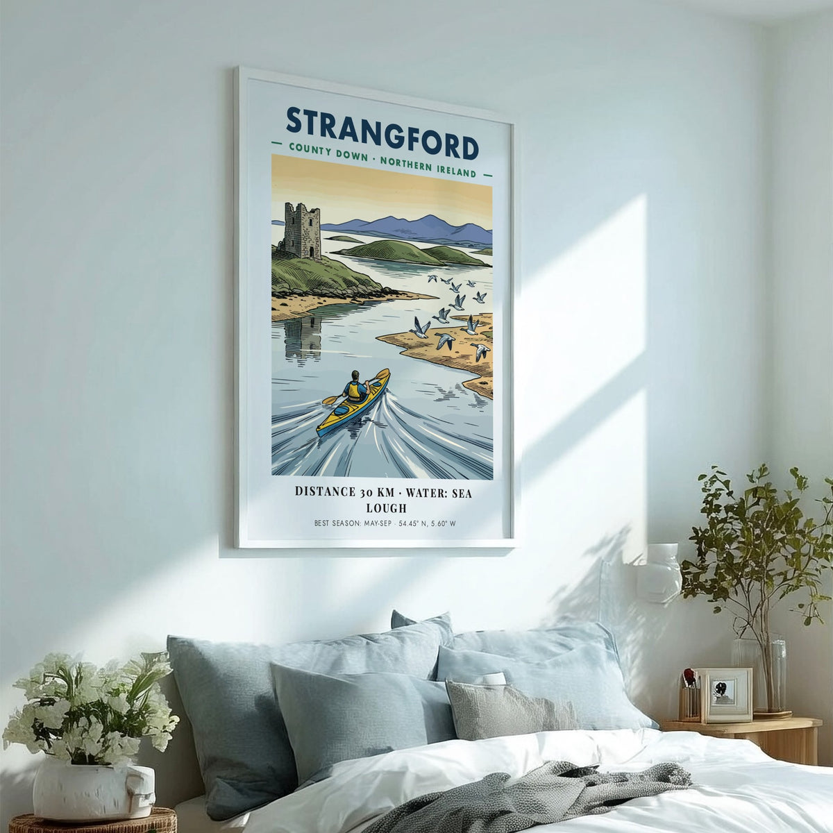Poster of a kayaker on Strangford Lough in Northern Ireland with a stone tower.