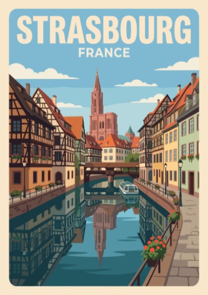 Strasbourg France travel poster featuring timber-framed houses along a canal with cathedral spire